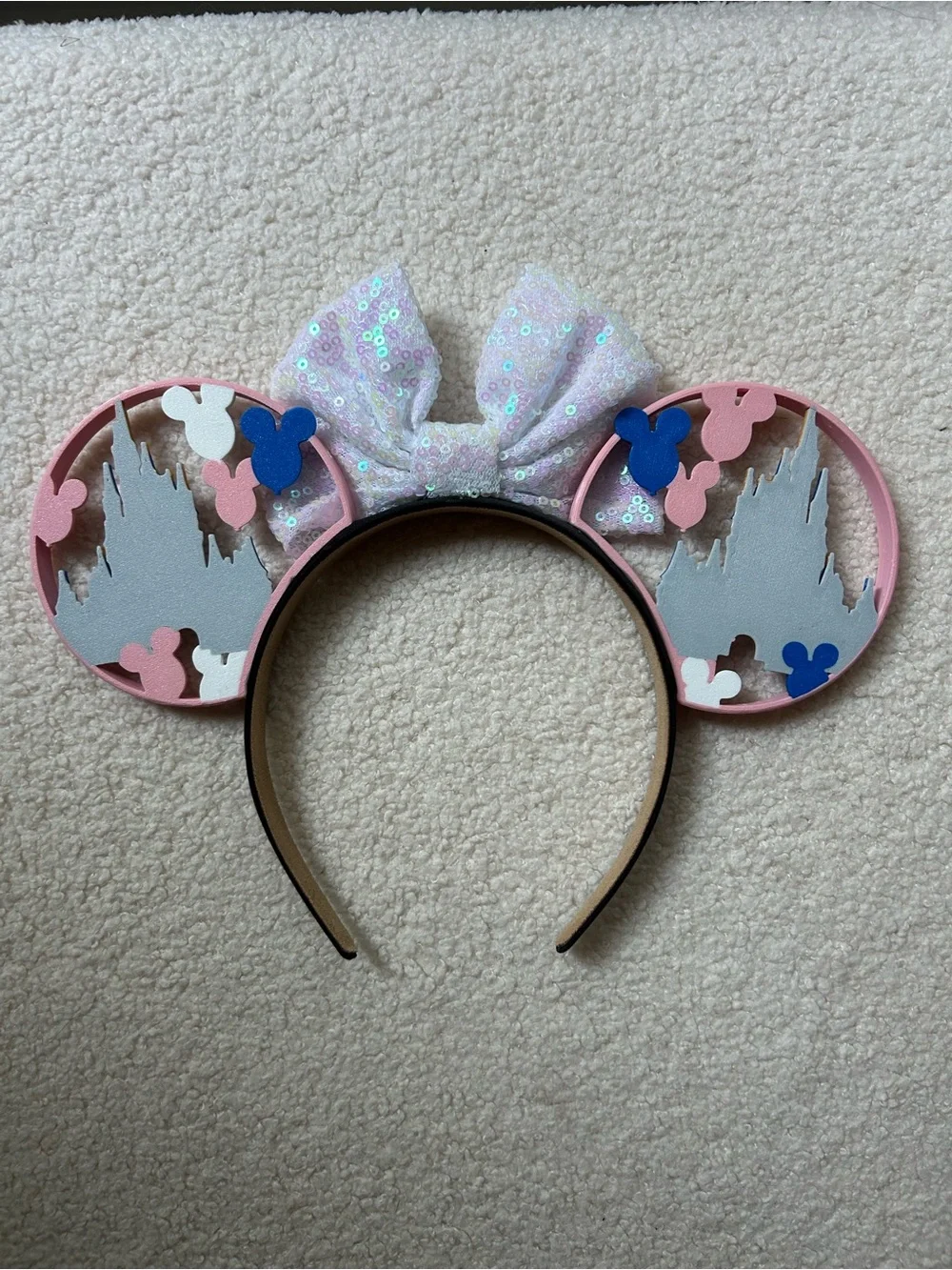 Disney Sequin Bow Castle Ear Headband - Pastel Pink & Iridescent